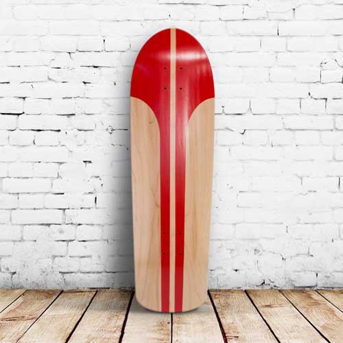 Finished skateboard with red stripes